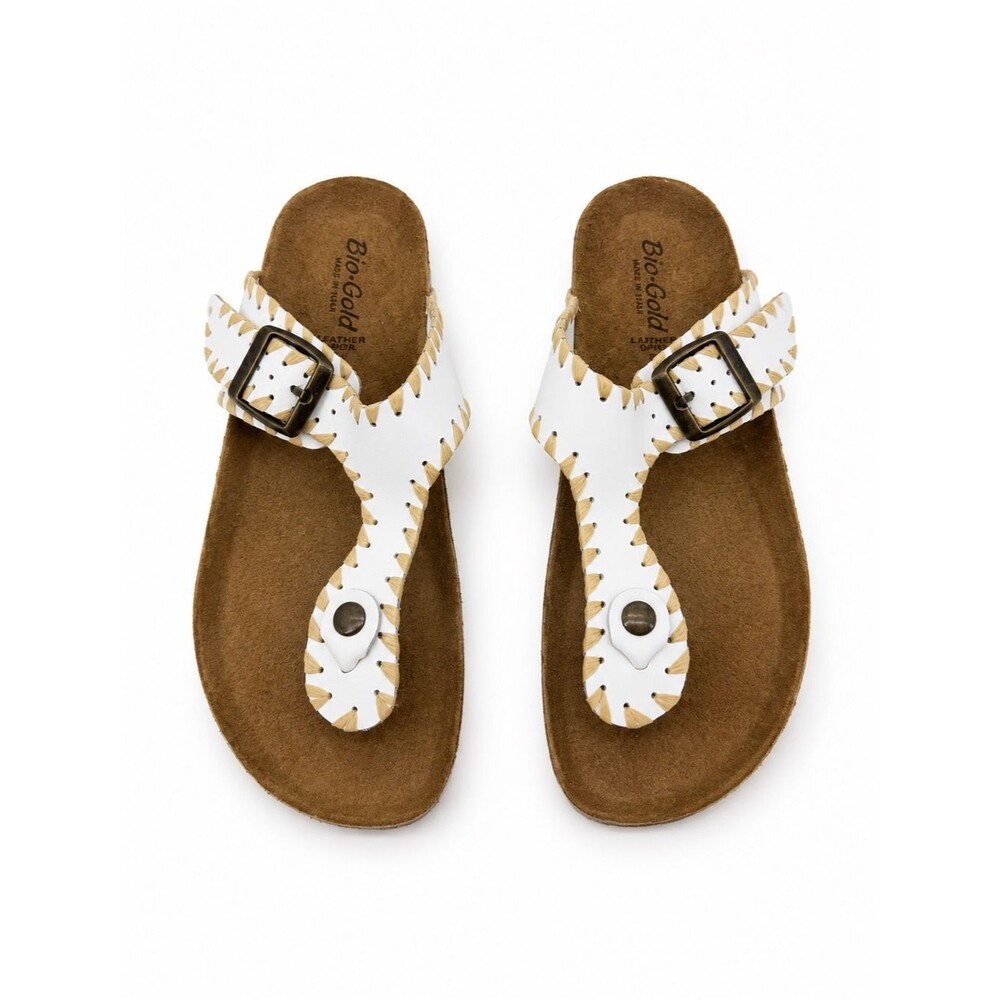 Bio Gold White Leather Sandals Raffia Trim Size 7.5 Summer Cork Italy